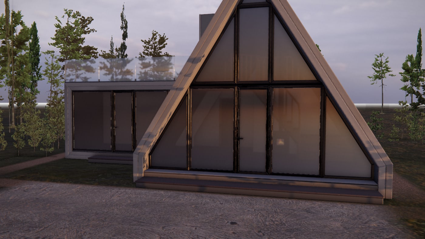 The same terrace view of the house in graphite cladding with smoked glazing