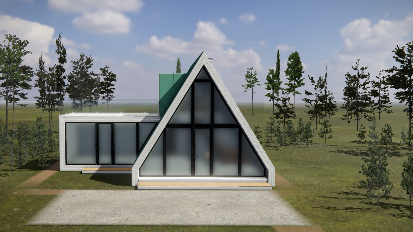 The house in bone white cladding with an aged copper roof, seen from the glazed gable