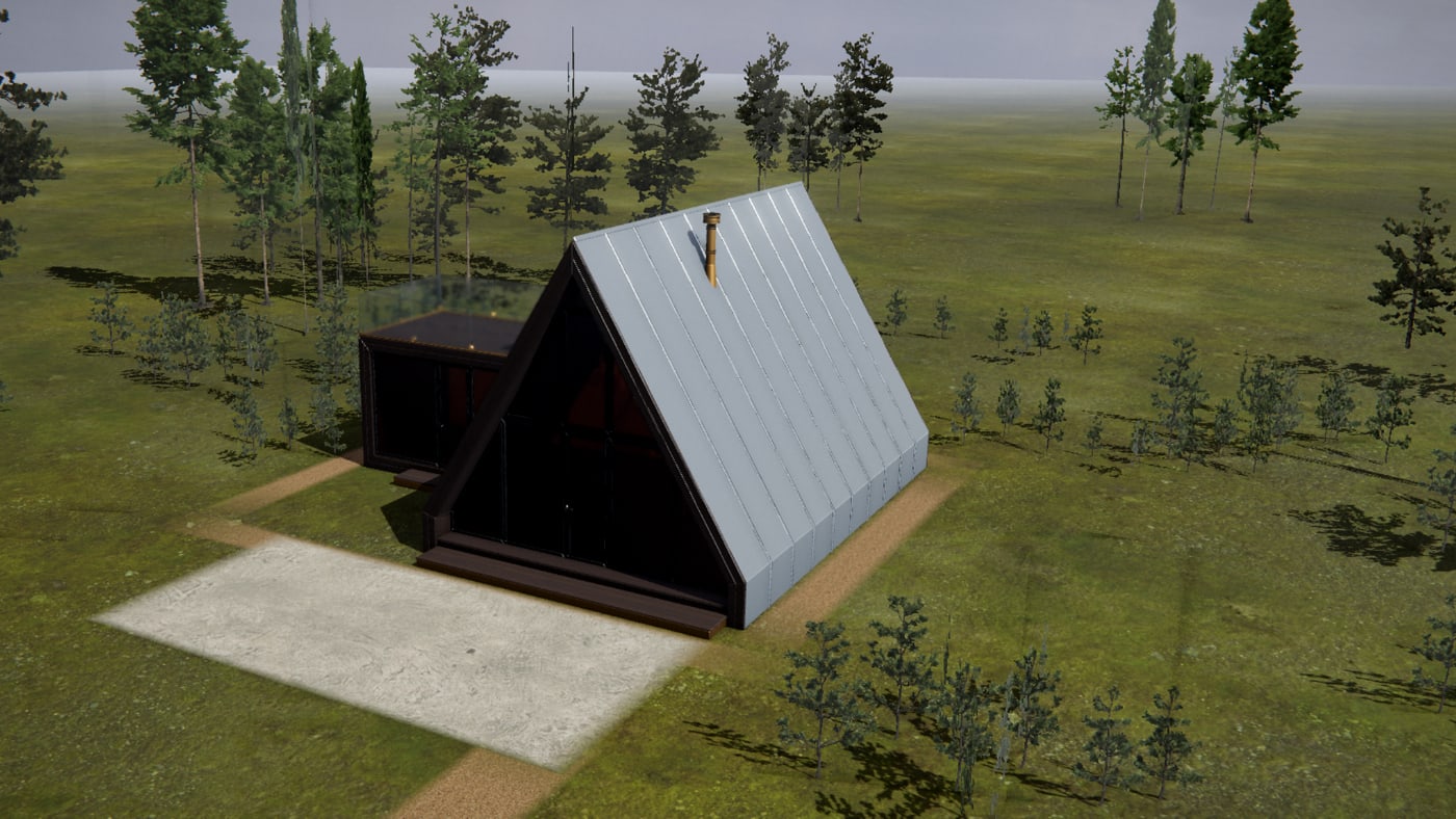 The house in charred cladding with a natural zinc roof, from the approach