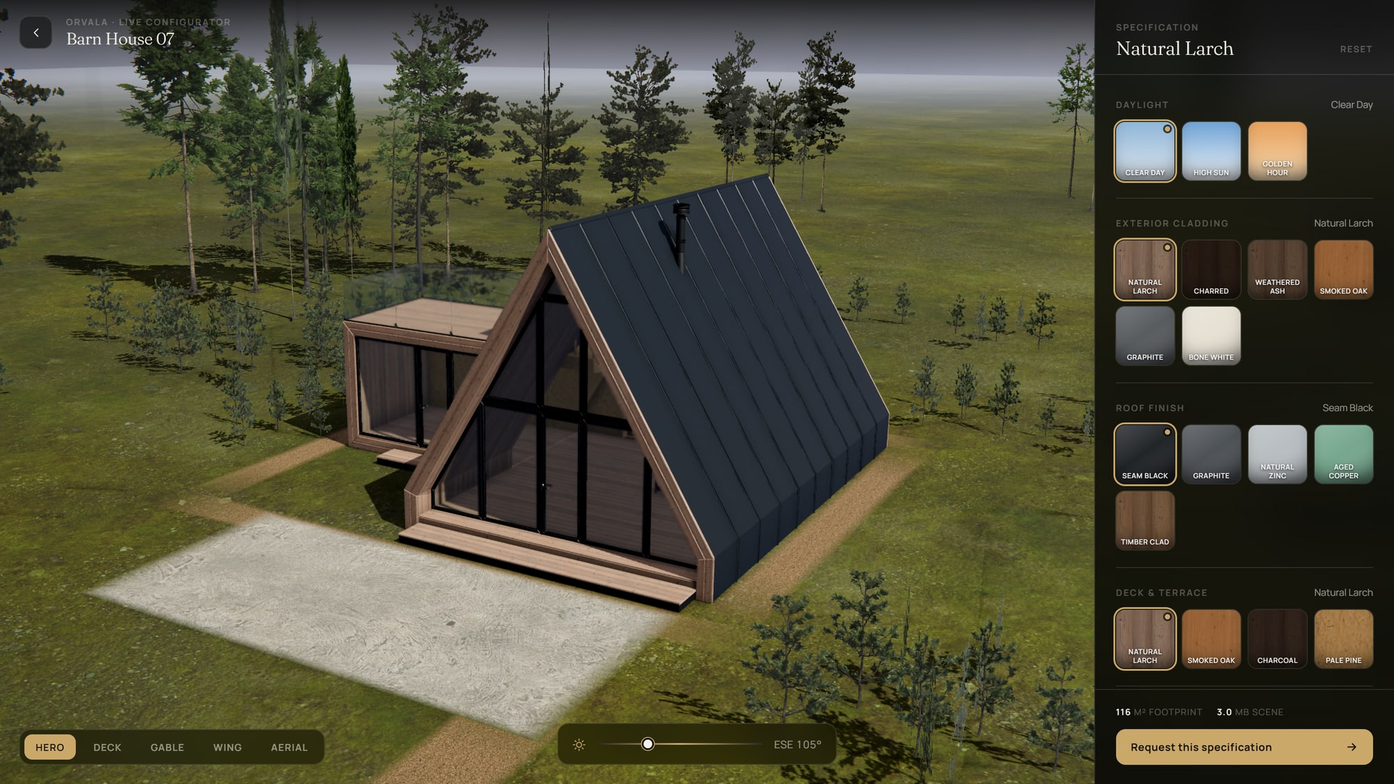 The Orvala configurator — a timber house with the full specification panel open